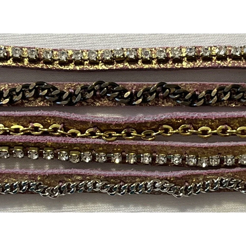 Hato Hasi Pink & Gold Leather Wrap Bracelet with Silver & Gold Tone Chains - Picture 6 of 9